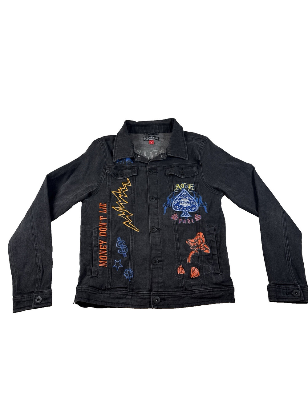 Black Pike Men Painted Graffiti, Embroidered Denim Jacket Black Size-S Pre Owned